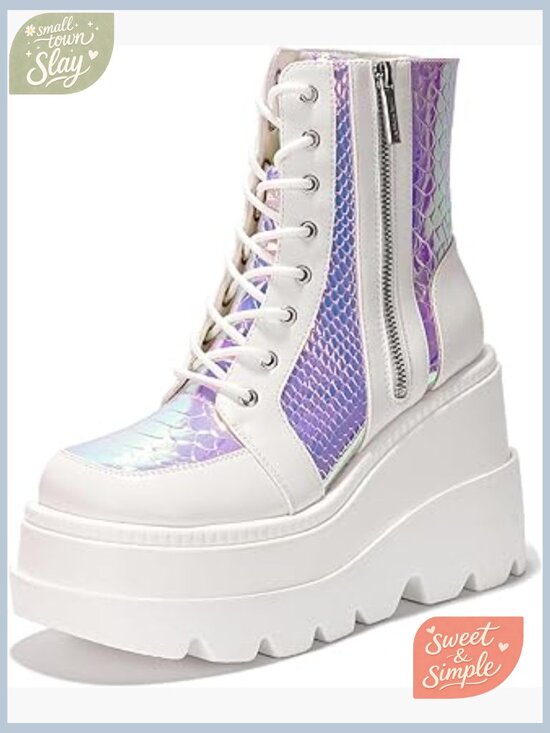 Shoes - Holographic Platform Ankle Boots Chunky Heel Lace Up Zipper